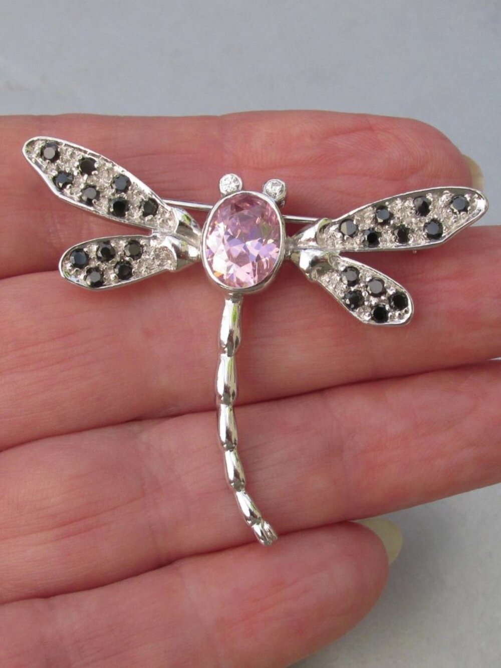 Signed NF Chapal-Zenray Sterling Silver DRAGONFLY Rose Stone Vintage Brooch Pin